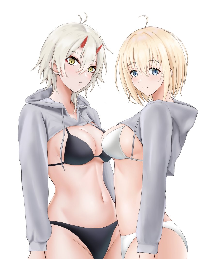 2girls ahoge alternate_costume antenna_hair azur_lane banba_(jakqbigone) bataan_(azur_lane) bikini black_bikini blonde_hair blue_eyes breasts cleavage closed_mouth commentary_request cowboy_shot cropped_hoodie drawstring grey_hoodie groin hair_between_eyes highres hood hood_down hoodie horns kinu_(azur_lane) long_sleeves looking_at_viewer medium_breasts medium_hair multiple_girls navel oni_horns short_hair shrug_(clothing) sidelocks simple_background smile standing stomach swimsuit white_background white_bikini yellow_eyes