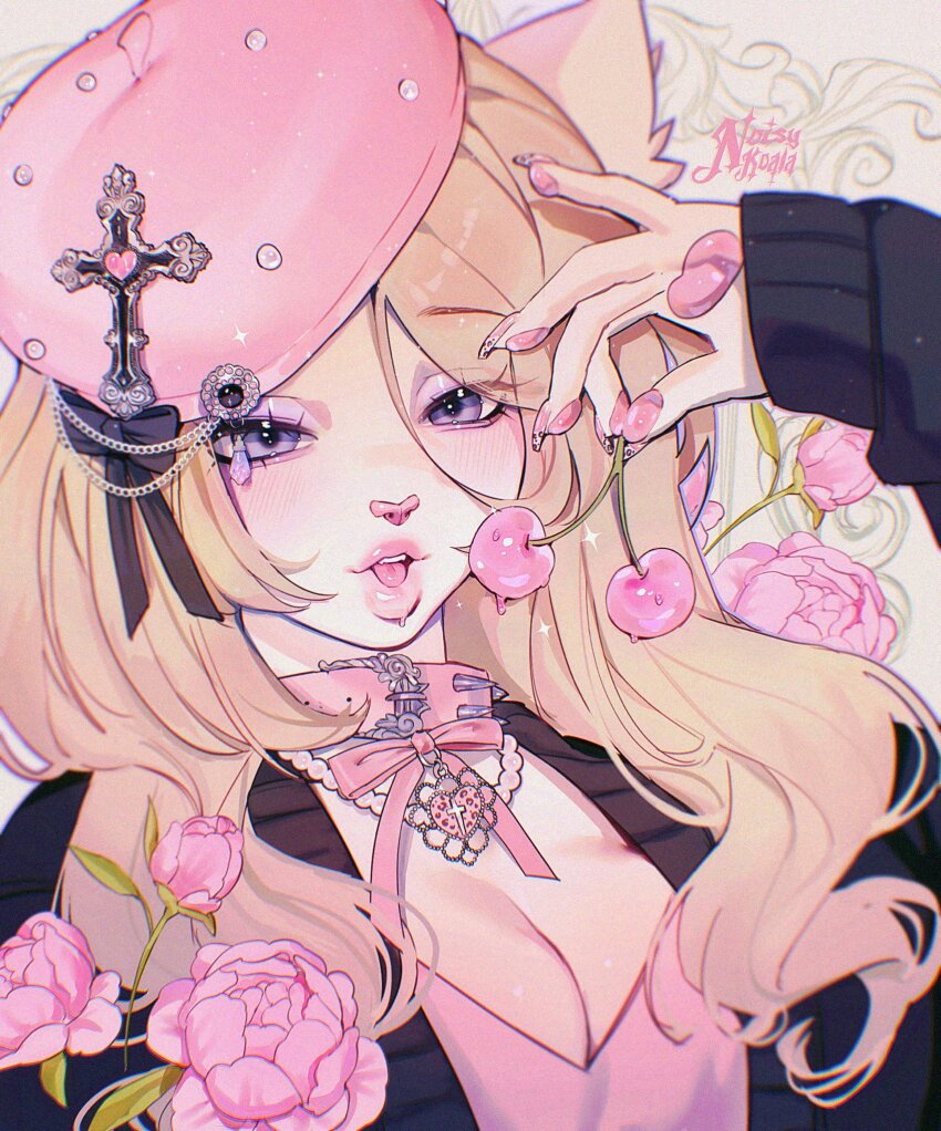 1girl animal_ears animal_nose animal_print arm_up artist_name bad_tag belt_collar beret betty_(noisykoala) black_cardigan black_ribbon blonde_hair blurry breasts cardigan cat_ears cat_girl cleavage collar commentary cross_hat_ornament crystal_hat_ornament depth_of_field english_commentary eyelashes eyes_visible_through_hair eyeshadow fashion film_grain fingernails flower furry furry_female hair_between_eyes hair_over_breasts hat hat_chain hat_ornament hat_ribbon heart heart_hat_ornament highres holding_cherry jewelry leopard_print light_blush light_particles long_fingernails long_hair looking_at_food makeup medium_breasts nail_art necklace noisykoala open_cardigan open_clothes open_mouth original outline pawpads pearl_hat_ornament pearl_necklace pink_collar pink_flower pink_hat pink_lips pink_ribbon pink_rose pink_shirt portrait purple_eyes purple_eyeshadow purple_outline ribbon rose shirt sleeves_past_wrists sparkle spiked_collar spikes teeth thick_lips tongue upper_teeth_only v-neck wavy_ends white_background