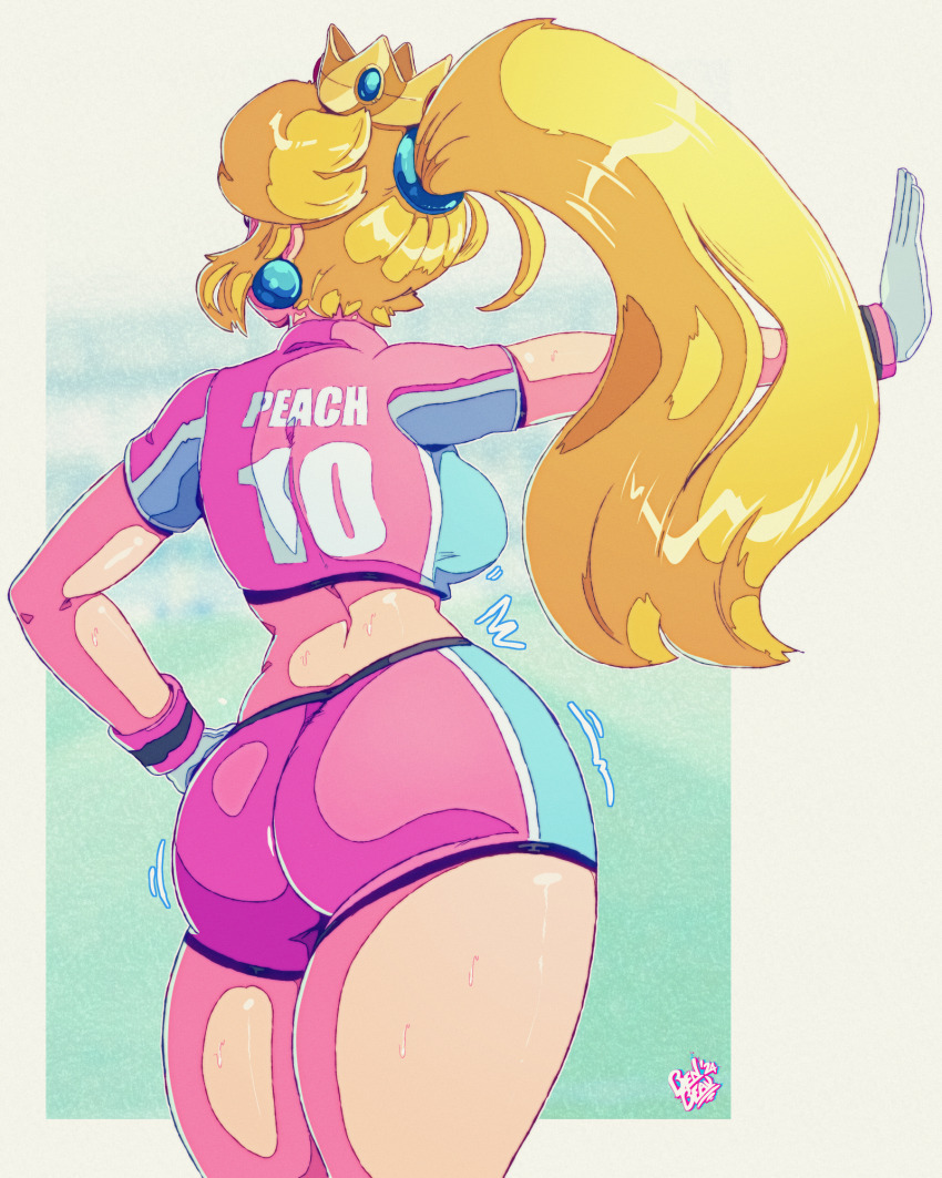 1girl artbenbeau artist_name ass ass_focus back backboob benbeau blonde_hair breasts crown earrings female_focus from_behind gloves hand_on_own_hip highres huge_ass jewelry large_breasts long_hair looking_afar mario_(series) mario_strikers_(series) midriff nintendo outstretched_arm pink_shirt pink_shorts ponytail princess_peach shirt short_shorts short_sleeves shorts sideboob soccer_uniform solo sportswear standing super_mario_strikers thick_thighs thighs two-tone_shirt white_gloves wide_hips