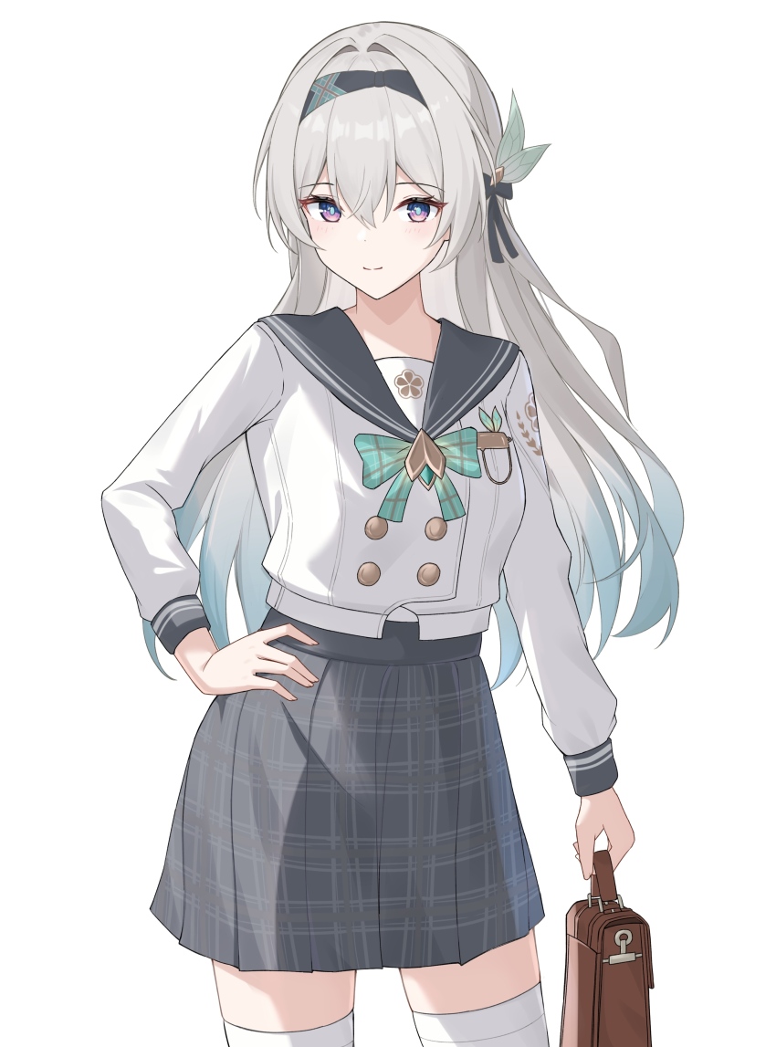 1girl absurdres black_hairband blue_pupils blush bow bowtie commentary english_commentary firefly_(honkai:_star_rail) green_bow green_bowtie grey_hair grey_sailor_collar grey_skirt hairband hand_on_own_hip highres honkai:_star_rail honkai_(series) long_hair long_sleeves looking_at_viewer nicel plaid_clothes plaid_skirt pleated_skirt purple_eyes sailor_collar school_uniform shirt simple_background skirt smile solo white_background white_shirt