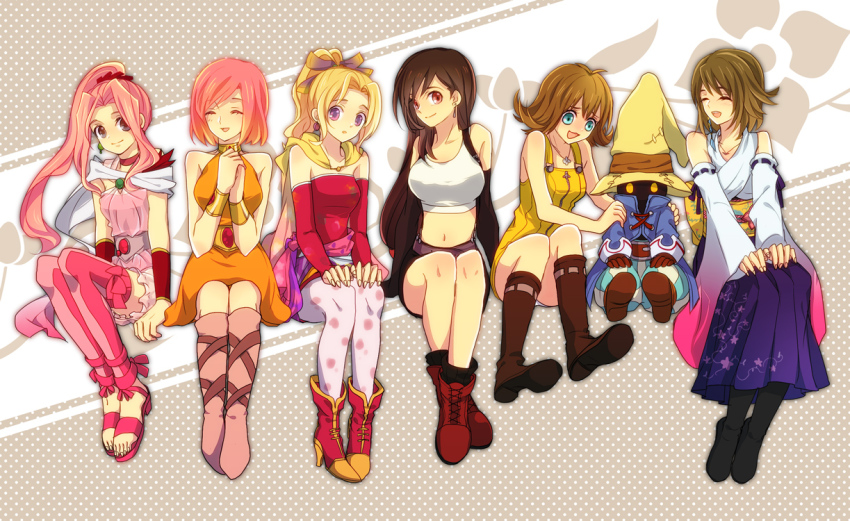00s 1990s_(style) 1boy 6+girls black_hair blonde_hair blue_eyes boots brown_eyes dress final_fantasy final_fantasy_iv final_fantasy_iv:_the_after_years final_fantasy_ix final_fantasy_v final_fantasy_vi final_fantasy_vii final_fantasy_viii final_fantasy_x flipped_hair hakama hakama_skirt japanese_clothes knee_boots lenna_charlotte_tycoon long_hair mayo. midriff multiple_girls navel odd_one_out orange_shirt orange_skirt panties pantyhose patterned_legwear pink_hair ponytail porom purple_eyes red_eyes retro_artstyle sandals selphie_tilmitt shirt skirt smile tifa_lockhart tina_branford underwear very_long_hair vivi_ornitier yellow_skirt yuna yuna_(ff10) zipper_dress