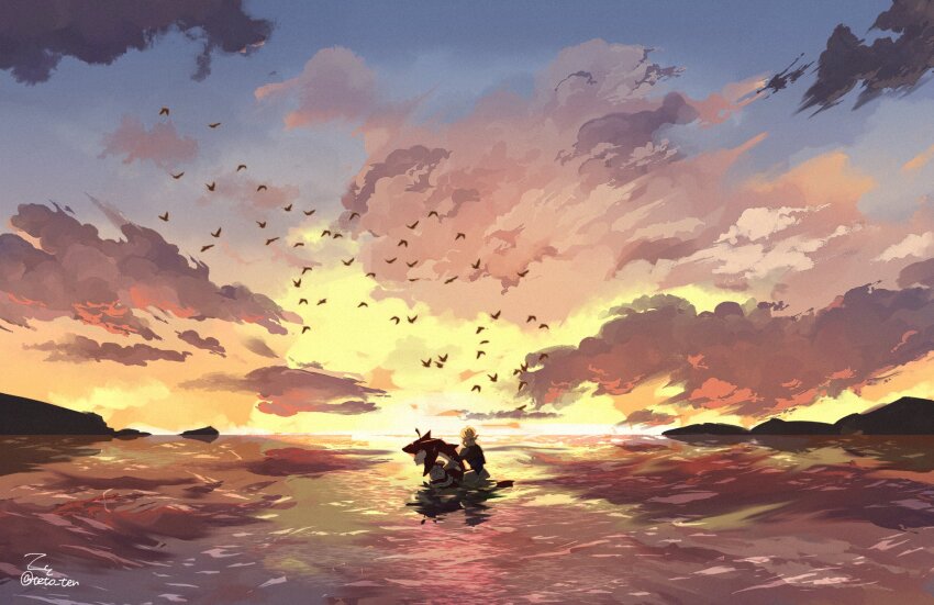 2boys bird blonde_hair carrying cloud commentary_request dusk fins fish_boy head_fins highres link looking_ahead male_focus mountain multiple_boys nintendo outdoors painterly piggyback sidon signature sky teto_ten the_legend_of_zelda the_legend_of_zelda:_breath_of_the_wild twitter_username water zora