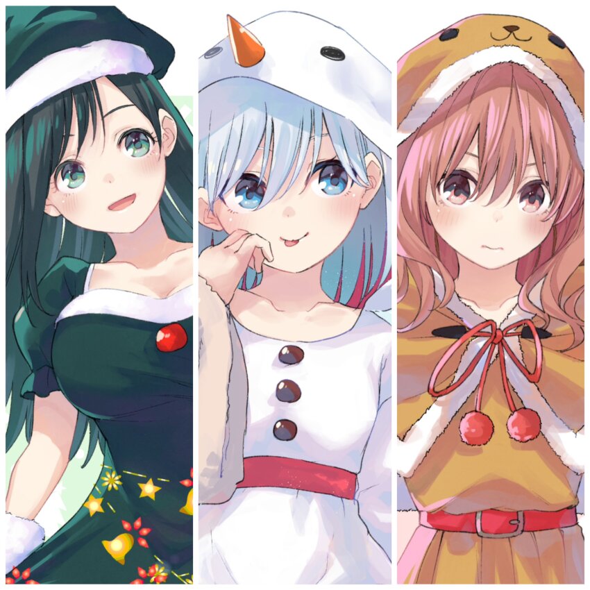 3girls :p amagami-san_chi_no_enmusubi amagami_asahi amagami_yae amagami_yuna animal_costume belt blue_eyes blush border breasts brown_eyes brown_hair christmas christmas_tree_print cleavage closed_mouth collarbone commentary_request dress green_eyes green_hair green_santa_costume hand_on_own_cheek hand_on_own_face head_tilt highres hood hood_up large_breasts lineup long_hair looking_at_viewer marcey medium_hair multiple_girls neck_ribbon open_mouth red_belt reindeer_costume ribbon santa_costume santa_dress second-party_source siblings sisters small_breasts smile snowman_costume straight_hair tongue tongue_out upper_body white_border white_hair