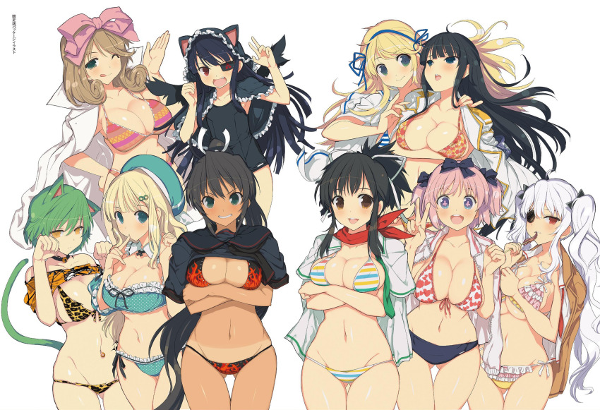 6+girls ;q animal_ears animal_print aqua_eyes artbook asuka_(senran_kagura) bell beret bikini black_hair blonde_hair blush bow box_art breasts brown_eyes brown_hair capelet cat_ears cat_tail cleavage collar collarbone crossed_arms dark-skinned_female dark_skin eating eyepatch fang flame_print flat_chest floral_print food frilled_bikini frills gluteal_fold green_eyes hair_bow hairband haruka_(senran_kagura) hat heart heart_print hibari_(senran_kagura) highres hikage_(senran_kagura) homura_(senran_kagura) ikaruga_(senran_kagura) jacket jacket_on_shoulders katsuragi_(senran_kagura) lab_coat large_breasts leopard_print long_hair long_sleeves looking_at_viewer mirai_(senran_kagura) multiple_girls navel neck_bell official_art one-piece_swimsuit one_eye_closed open_mouth page_number parted_lips pink_hair polka_dot polka_dot_bikini print_bikini red_eyes ribbon scan senran_kagura senran_kagura_burst shiny_skin short_hair short_twintails sidelocks simple_background smile stitched striped_bikini striped_clothes swimsuit tail tan tanline third-party_edit tongue tongue_out track_jacket twintails v white_hair yaegashi_nan yagyu_(senran_kagura) yellow_eyes yomi_(senran_kagura)