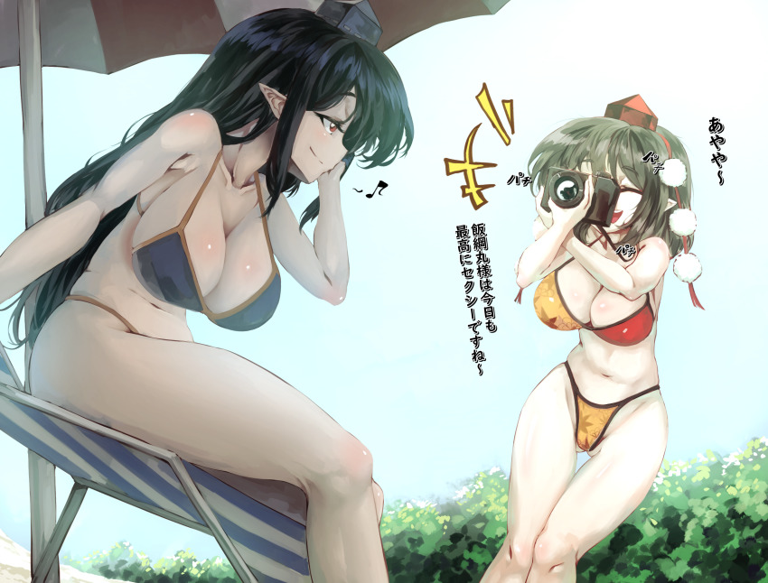2girls absurdres beach bikini black_hair blue_hair breasts camera hat highres iizunamaru_megumu large_breasts long_hair multiple_girls pointy_ears red_eyes shameimaru_aya sunnysideup swimsuit tengu tokin_hat touhou