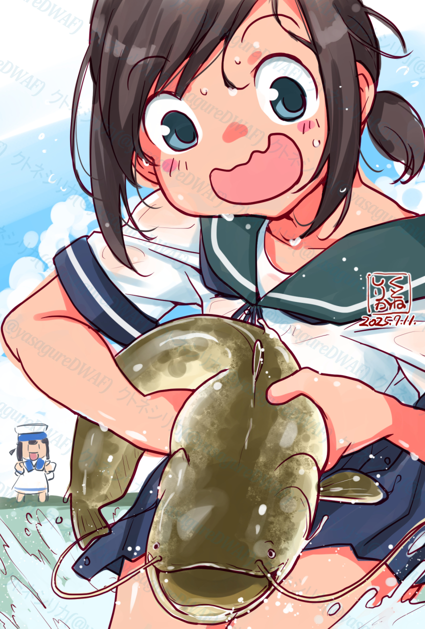 2girls artist_logo black_hair blue_eyes blue_sailor_collar blue_skirt breasts catfish cowboy_shot daitou_(kancolle) dated feet_out_of_frame fish fubuki_(kancolle) highres kantai_collection kutone_shirika logo low_ponytail medium_breasts multiple_girls pleated_skirt ponytail sailor_collar sailor_shirt school_uniform serafuku shirt short_ponytail skirt solo_focus wavy_mouth white_shirt