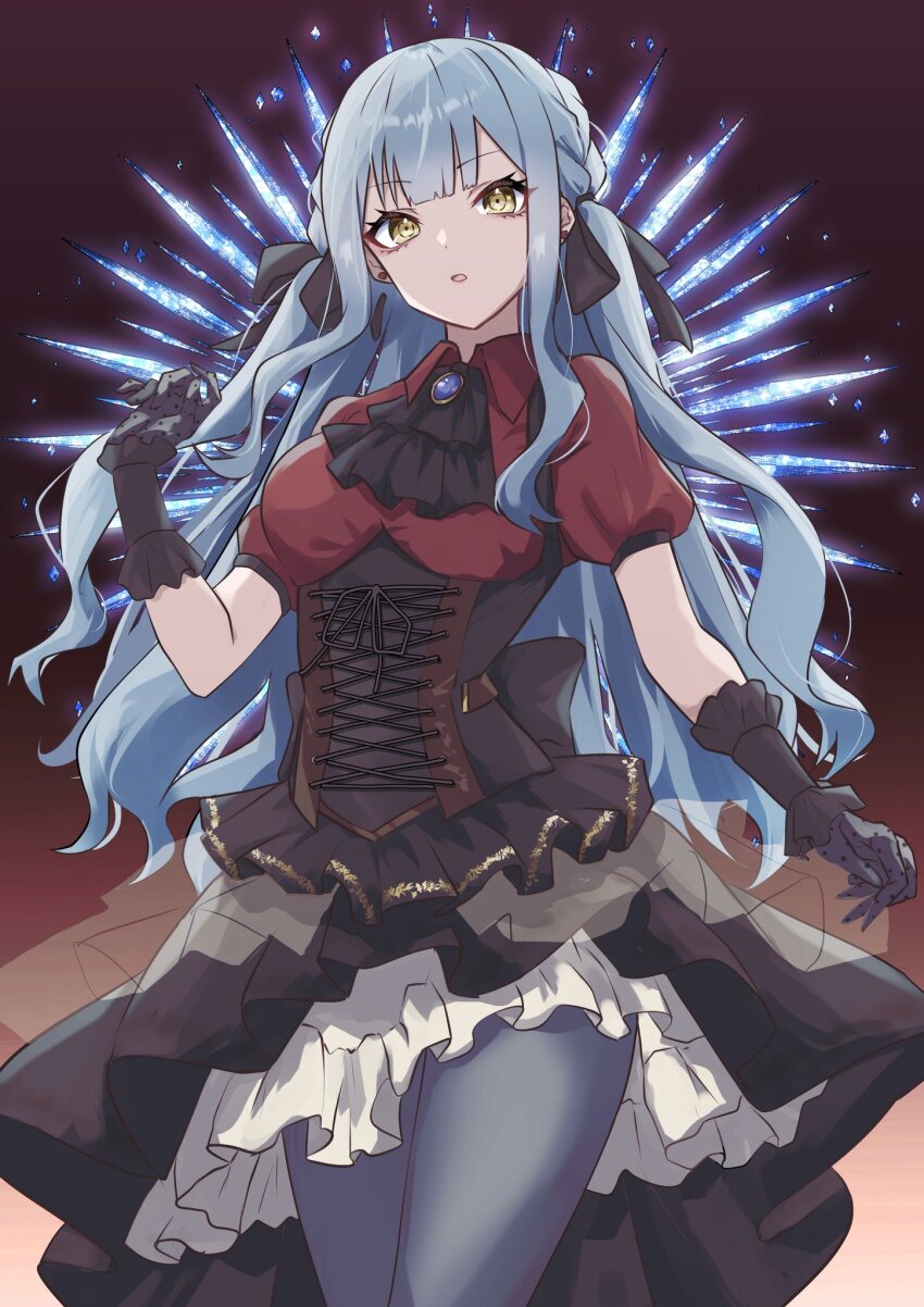 1girl ascot back_bow bang_dream! bang_dream!_it&#039;s_mygo!!!!! black_ascot black_background black_bow black_gloves black_pantyhose black_ribbon black_skirt blue_gemstone blunt_bangs bow breasts brown_background collared_shirt corset cross-laced_clothes cross-laced_corset crystal earrings frilled_gloves frilled_skirt frills gem gloves gradient_background grey_hair hair_ribbon hand_up hashtag-only_commentary highres houji_tea_latte jewelry layered_skirt long_hair looking_at_viewer medium_breasts oblivionis_(bang_dream!) pantyhose parted_lips puffy_short_sleeves puffy_sleeves red_shirt ribbon see-through_clothes see-through_skirt shirt short_sleeves sidelocks skirt solo standing togawa_sakiko two-tone_skirt two_side_up underbust wavy_hair white_skirt yellow_eyes