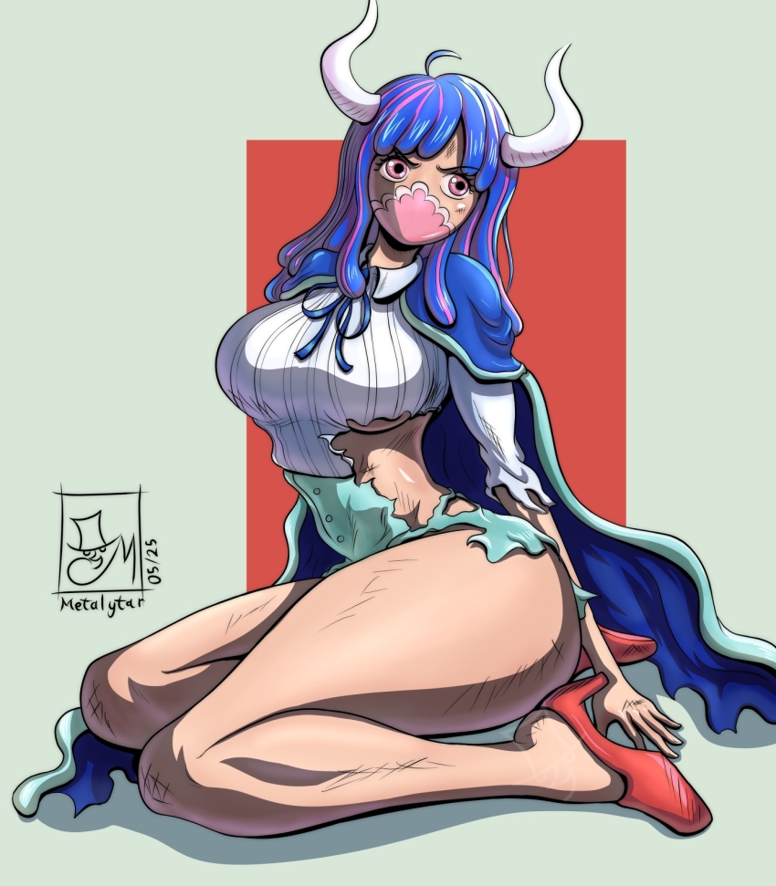 1girl ahoge blue_hair breasts cape covered_mouth curled_horns curvy high_heels highres horns large_breasts legs long_hair mask metalytar mouth_mask multicolored_hair on_ground one_piece pink_eyes pink_hair pink_mask shirt simple_background skirt solo streaked_hair thick_thighs thighs torn_clothes ulti_(one_piece) white_shirt