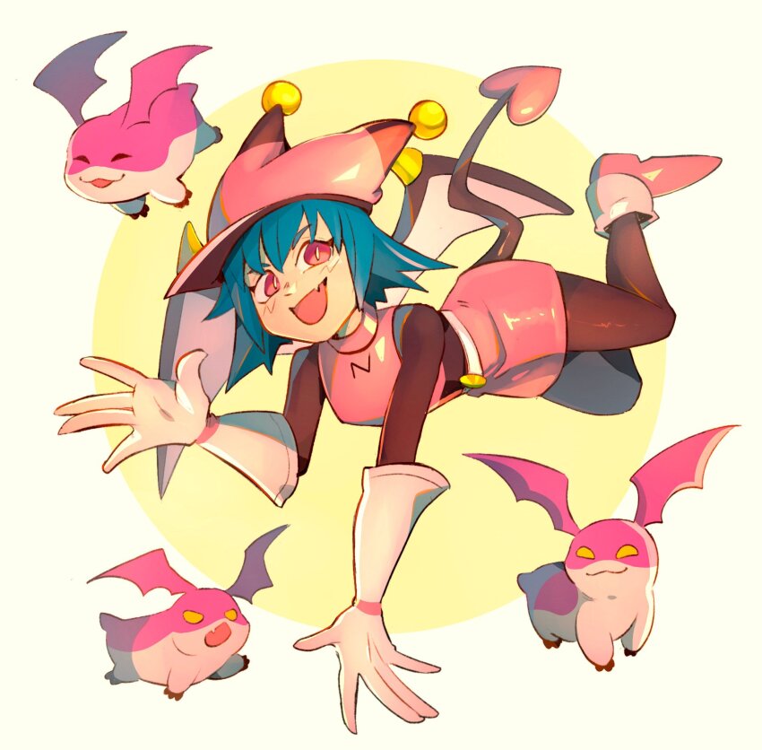 1girl black_bodysuit blue_hair bodysuit digimon digital_media_player gloves hat head_wings highres medium_hair navimon_(digimon) nui_(nuitt) patamon pink_hat pink_skirt skirt solo_focus tsukaimon white_gloves wings