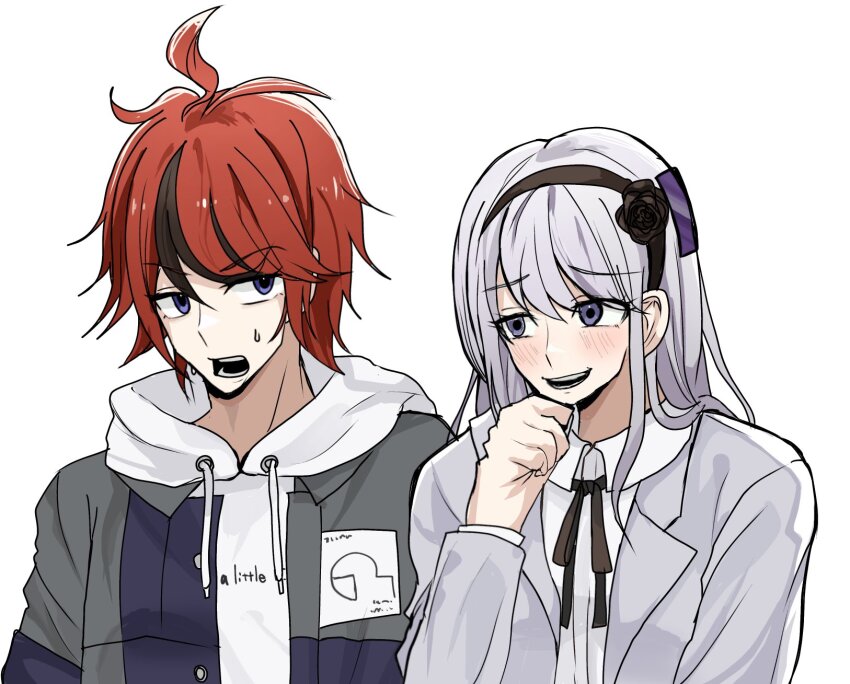 1boy 1girl ahoge black_flower black_hair black_ribbon blue_eyes blush drawstring flower hair_flower hair_ornament hand_up hood hoodie jacket kashimiya_karua messy_hair multicolored_hair neck_ribbon open_mouth purple_eyes red_hair ribbon shirt simple_background sumino_takumi sweat sweatdrop teeth the_hundred_line_-last_defense_academy- white_background white_hoodie white_jacket white_shirt