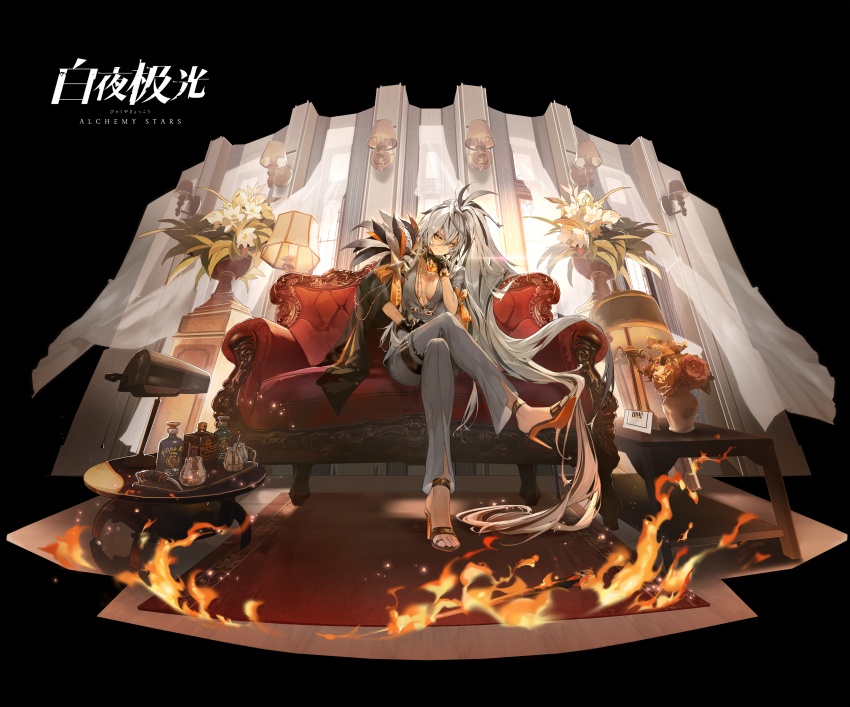 1girl absurdres alchemy_stars alcohol black_capelet black_gloves black_hair breasts capelet carpet cleavage couch crossed_legs cup feathers fire flower full_body gloves grey_hair grey_pants grey_shirt half_capelet high_heels highres holding holding_cup long_hair multicolored_hair official_art on_couch pants plant potted_plant reinhardt_(alchemy_stars) reinhardt_(imposing_dignity)_(alchemy_stars) shirt sitting solo streaked_hair white_flower yuzuo_de_yi_tiao_bianr