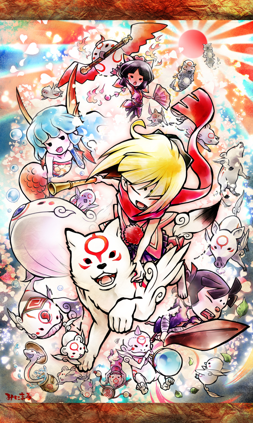 2boys 2girls :d amaterasu_(ookami) black_eyes blonde_hair bodypaint cherry_blossoms chibiterasu day detached_sleeves highres kagura_(ookami) kuninushi kuro_(ookami) light_rays long_sleeves looking_back minimaru multiple_boys multiple_girls nanami_(ookami) ookami_(game) ookamiden open_mouth plant red_scarf scarf short_hair smile sunlight tree wolf