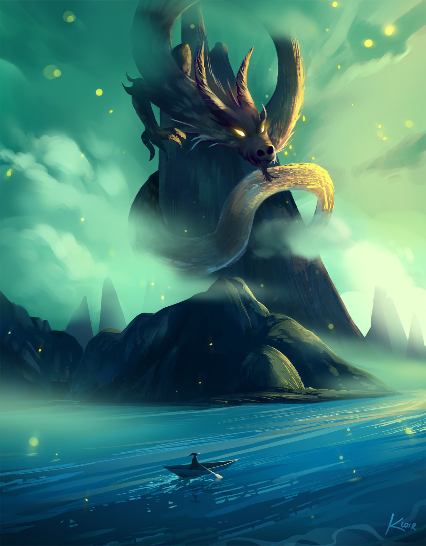 1boy boat chinese_zodiac cloud commentary creature dragon dragon_horns eastern_dragon fantasy fog gold_scales green_sky hat highres holding holding_oar horns kloir landscape light_particles mountain mountainous_horizon oar original painterly river scenery sky straw_hat watercraft yellow_eyes zodiac