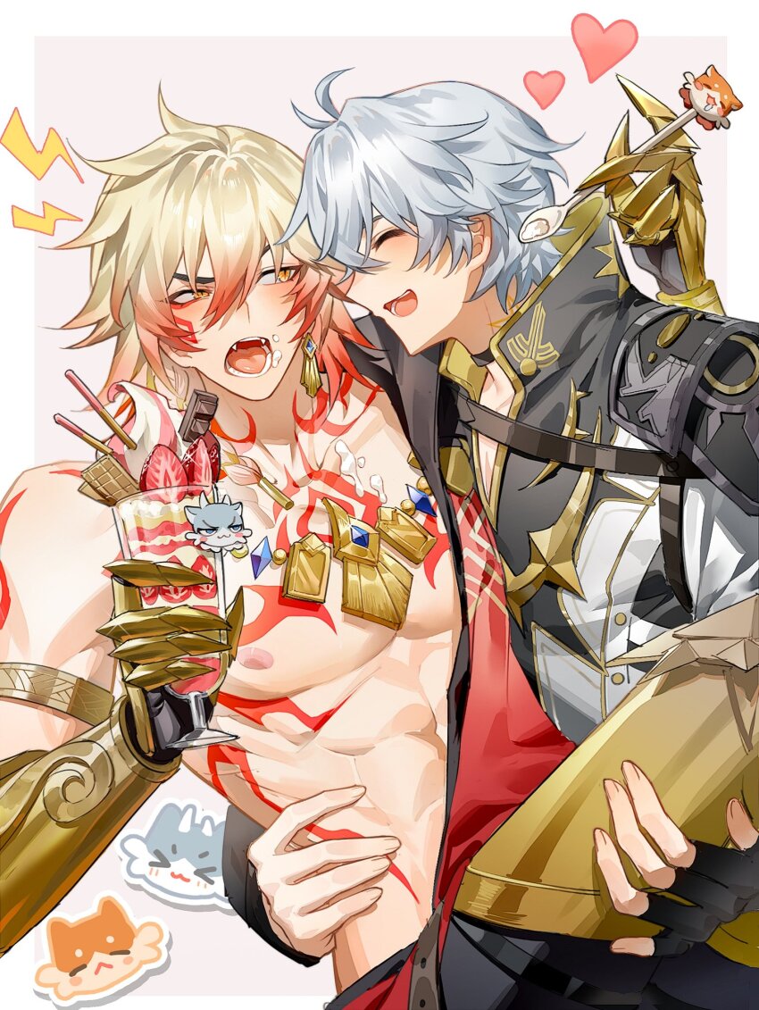 2boys arm_tattoo armlet armor belt_collar blue_hair blush carrying carrying_person chest_tattoo choker closed_eyes coat collar collared_shirt crumbs cup dessert earrings facial_tattoo fang food food_on_face gold_armlet gold_earrings gold_necklace happy heart highres holding holding_cup holding_food holding_spoon honkai:_star_rail honkai_(series) ice_cream jewelry male_focus multiple_boys mydei_(honkai:_star_rail) neck_tattoo necklace open_clothes open_coat phainon_(honkai:_star_rail) princess_carry red_tattoo shirt shoulder_armor shy smile smiley_face spoon suirandanshihao sweets tattoo tsundere yaoi