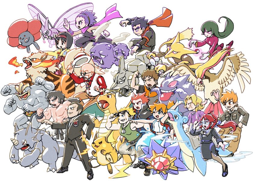 agatha_(pokemon) alakazam arcanine asymmetrical_hair bald black_hair blaine_(pokemon) blonde_hair blue_oak brock_(pokemon) brown_hair bruno_(pokemon) charizard closed_eyes denim denim_shorts dragonite erika_(pokemon) gen_1_pokemon gengar giovanni_(pokemon) gym_leader janine_(pokemon) koga_(pokemon) lance_(pokemon) lapras long_hair lorelei_(pokemon) machamp misty_(pokemon) multiple_boys multiple_girls muscular nintendo onix pidgeot pokemon pokemon_frlg pokemon_hgss pokemon_lgpe ponytail purple_hair raichu rhydon sabrina_(pokemon) shirt short_hair shorts side_ponytail smile starmie surge_(pokemon) venomoth vileplume weezing white_shirt