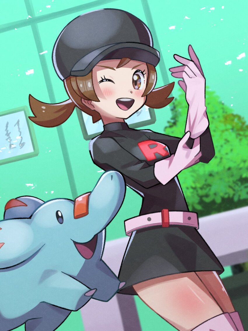 1girl adjusting_clothes adjusting_gloves belt black_headwear blush brown_eyes brown_hair bush cowboy_shot gen_2_pokemon gloves highres inana_umi looking_at_viewer lyra_(pokemon) nintendo one_eye_closed open_mouth phanpy pokemon pokemon_(creature) pokemon_hgss smile solid_oval_eyes team_rocket team_rocket_uniform twintails white_gloves