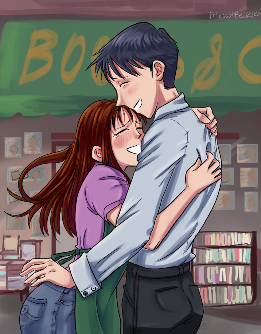 1boy 1girl apron black_hair black_pants book bookshelf brother_and_sister brown_hair closed_eyes denim green_apron grey_shirt happy highres hug jeans kana_imouto long_hair pants pink_shirt poster_(object) princestbeck shirt shop siblings smile tears toudou_kana