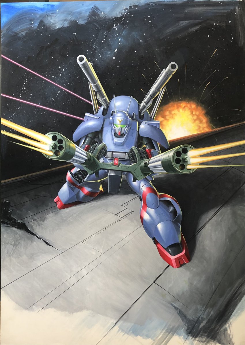 d-2 explosion firing gatling_gun highres kikou_senki_dragonar leaning_forward looking_at_viewer mecha no_humans official_art robot ryukow_masseau science shoulder_cannon solo space visor