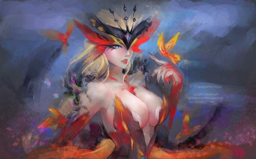 1girl artstation_username bare_arms black_nails blonde_hair breasts butterfly_mask cleavage crimson_lotus_moth_(genshin_impact) dress elainelett fur_trim genshin_impact highres insect_wings large_breasts long_hair mask mask_over_one_eye masked moth_wings one_eye_covered red_dress signora_(crimson_witch_of_embers)_(genshin_impact) signora_(genshin_impact) solo strapless strapless_dress twitter_username upper_body vkontakte_username wings