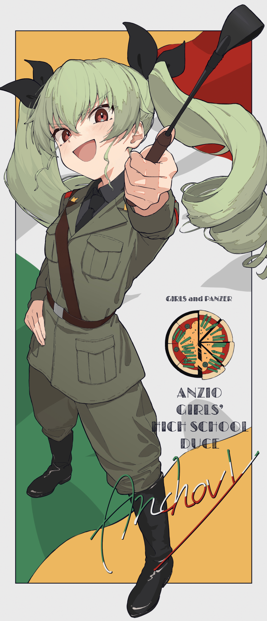 1girl absurdres anchovy_(girls_und_panzer) anzio_(emblem) anzio_military_uniform arutori30 belt blush boots brown_eyes drill_hair emblem food full_body girls_und_panzer green_hair highres long_hair long_sleeves looking_at_viewer necktie open_mouth pizza riding_crop sam_browne_belt smile solo twin_drills