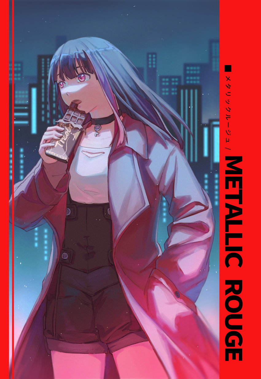 1girl absurdres black_choker black_hair black_overalls black_shorts blunt_bangs candy cemony chocolate chocolate_bar choker cityscape coat eating food highres light_particles long_hair metallic_rouge multicolored_hair overalls pendant_choker pillarboxed pink_eyes pink_hair red_coat rouge_redstar shirt shorts solo streaked_hair trench_coat