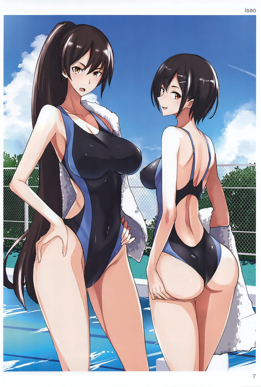 2girls absurdres artist_name ass bare_shoulders black_hair blue_sky breasts brown_eyes cloud cloudy_sky collarbone covered_navel day from_behind hair_ornament hairclip hand_on_own_ass hand_on_own_hip highres isao large_breasts long_hair looking_at_viewer looking_back multiple_girls one-piece_swimsuit outdoors page_number pool scan shiny_clothes shiny_skin short_hair sky smile standing swimsuit thighs toranoana towel water