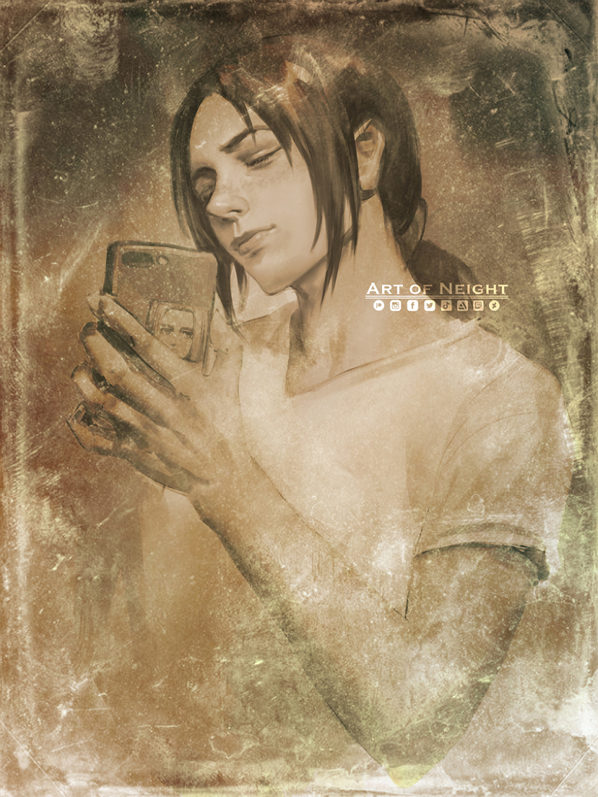 1girl androgynous art_of_neight cellphone closed_eyes greyscale highres holding holding_phone krista_lenz low_ponytail monochrome phone ponytail sepia shingeki_no_kyojin shirt smartphone smartphone_case solo t-shirt twitter_logo upper_body v-neck ymir_(shingeki_no_kyojin)