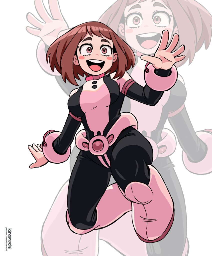 1girl bodysuit boku_no_hero_academia breasts brown_hair highres kiramochi looking_at_viewer medium_breasts open_mouth short_hair smile solo uraraka_ochako
