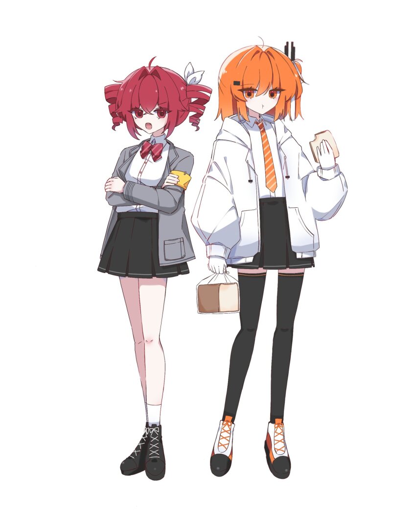 2girls :t a.i._voice adachi_rei ahoge alternate_costume ankle_socks armband bag black_boots black_skirt black_thighhighs boots bow bowtie bread bread_slice buttons closed_mouth commentary crossed_bangs drill_hair eating food grey_jacket hair_ribbon hand_up highres holding holding_bag holding_food jacket kasane_teto kasane_teto_(sv) looking_at_viewer mei_(meiday_mise) multiple_girls necktie open_clothes open_jacket open_mouth orange_eyes orange_hair orange_necktie pinstripe_bowtie plastic_bag radio_antenna red_bow red_bowtie red_eyes red_hair ribbon shirt shoes side_ponytail simple_background skirt socks symbol-only_commentary synthesizer_v thighhighs twin_drills utau white_background white_jacket white_ribbon white_shirt white_shoes white_socks yellow_armband