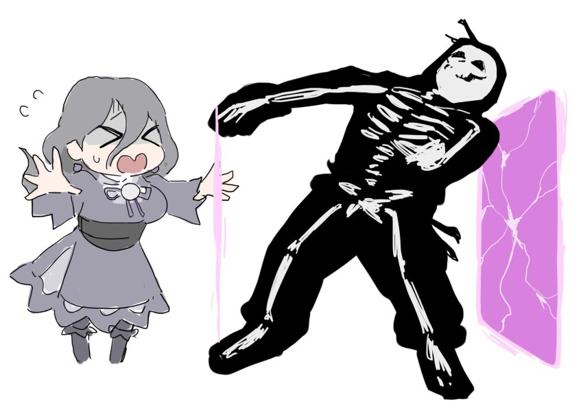&gt;_&lt; 1girl aegis_reflector bamman black_dress black_hair chibi dress energy_barrier hair_between_eyes hex_maniac_(pokemon_legends:_z-a) highres long_hair long_sleeves nintendo open_mouth parody pokemon pokemon_legends:_z-a skeleton street_fighter street_fighter_iii_(series) urien