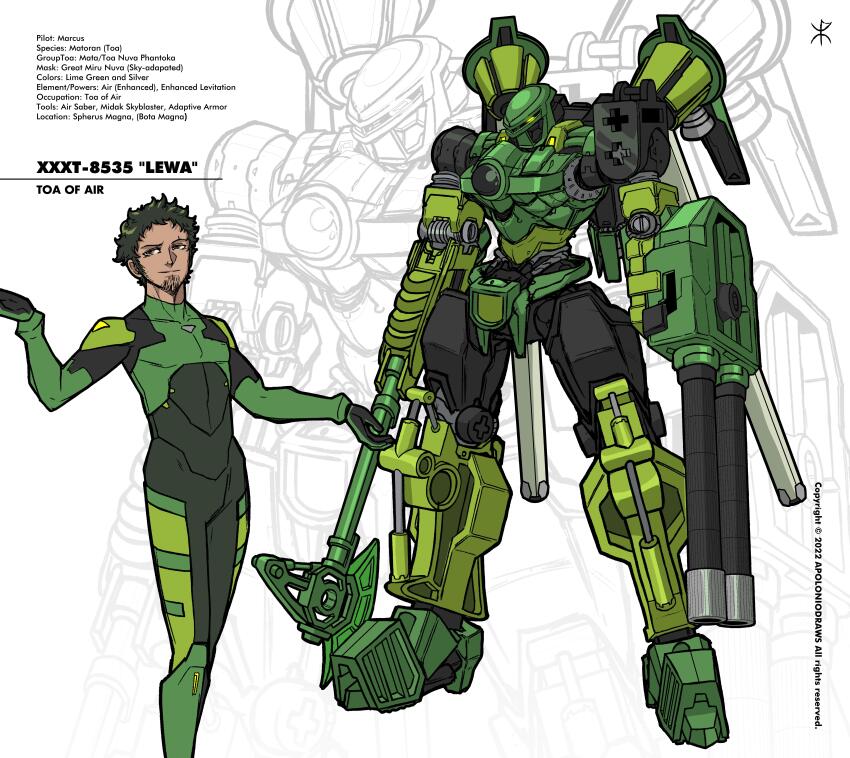 1boy absurdres apoloniodraws arm_cannon axe bionicle black_gloves black_hair bodysuit character_name english_text facial_hair full_body gloves glowing glowing_eye green_bodysuit green_eyes green_gloves hair_behind_ear highres lewa_(bionicle) male_focus mecha mechanization open_hands pilot_suit robot science_fiction simple_background smirk standing stubble the_lego_group two-tone_gloves weapon white_background