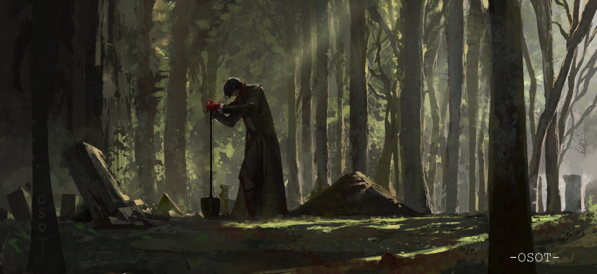 1boy absurdres artist_name black_coat black_hair chinese_commentary coat commentary_request day digging forest from_side gloves grave graveyard highres leonard_mitchell lord_of_the_mysteries male_focus nature osot- outdoors planted planted_shovel red_gloves short_hair shovel solo tombstone