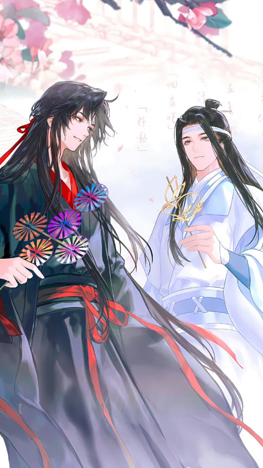 2boys ahoge black_coat black_hair black_hanfu blue_sash blurry blurry_background branch brown_eyes candy chinese_clothes chinese_text closed_mouth coat falling_petals flower food hair_down hair_ribbon half_updo hand_fan hand_up hanfu headband highres holding holding_candy holding_food holding_toy lan_wangji long_hair long_sleeves looking_at_another male_focus modao_zushi multiple_boys non-web_source official_alternate_costume official_alternate_hairstyle official_art open_clothes open_coat parted_bangs parted_lips petals pink_flower red_ribbon red_sash ribbon robe sash sidelocks smile standing topknot toy very_long_hair wei_wuxian wei_wuxian_(yiling_laozu) white_hanfu white_headband wide_sleeves xiao_guan_(headdress) yaoi yellow_eyes