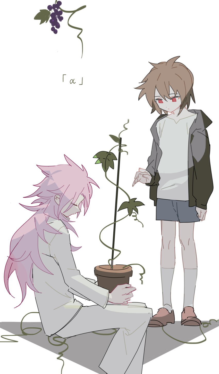 2boys absurdres black_jacket brown_hair brown_shoes closed_eyes closed_mouth commentary flower_pot food fruit full_body grape_vine grapes grey_shorts hatsutori_hajime highres holding holding_flower_pot hood hood_down hooded_jacket isoi_haruki jacket long_hair long_sleeves male_focus multiple_boys open_clothes open_jacket pants pink_hair red_eyes saibou_shinkyoku shirt shoes short_hair shorts sitting socks standing trellis white_pants white_shirt white_socks wobuzaia