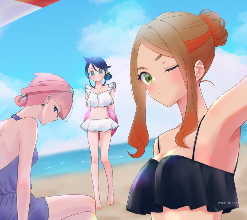 3girls ball beach beach_umbrella beachball bikini black_bikini black_hair blue_eyes blue_hair blunt_bangs blush breasts brown_hair closed_mouth day earrings eyelashes green_eyes hair_ornament hairclip highres jewelry liko_(pokemon) looking_at_viewer mollie_(pokemon) multicolored_hair multiple_girls nintendo ocean one-piece_swimsuit orange_hair orla_(pokemon) outdoors pink_hair pokemon pokemon_(anime) pokemon_horizons rei_hinketsu sand smile swimsuit umbrella white_bikini