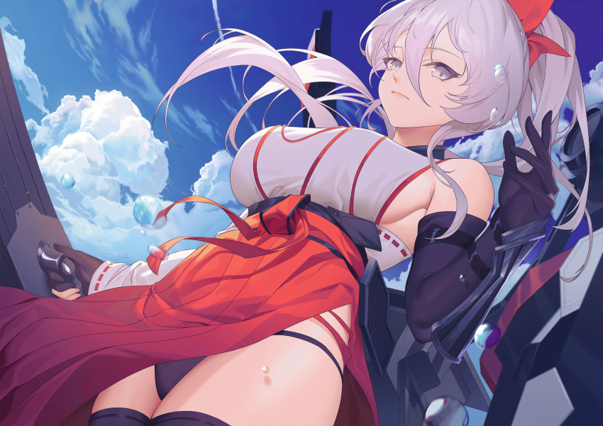 1girl black_gloves black_panties black_thighhighs blue_oath bow bow_(weapon) breasts closed_mouth cloud commentary_request detached_sleeves dutch_angle elbow_gloves from_below gloves grey_eyes hair_between_eyes hair_bow hakama hakama_skirt highres hiryuu_(blue_oath) holding holding_weapon japanese_clothes jewelry large_breasts long_hair mixed-language_commentary obi panties partially_fingerless_gloves ponytail rigging rudder_footwear sash side_slit sideboob sidelocks silver_hair skirt sky solo thighhighs thighlet underwear very_long_hair wangxiii water_drop weapon wide_sleeves