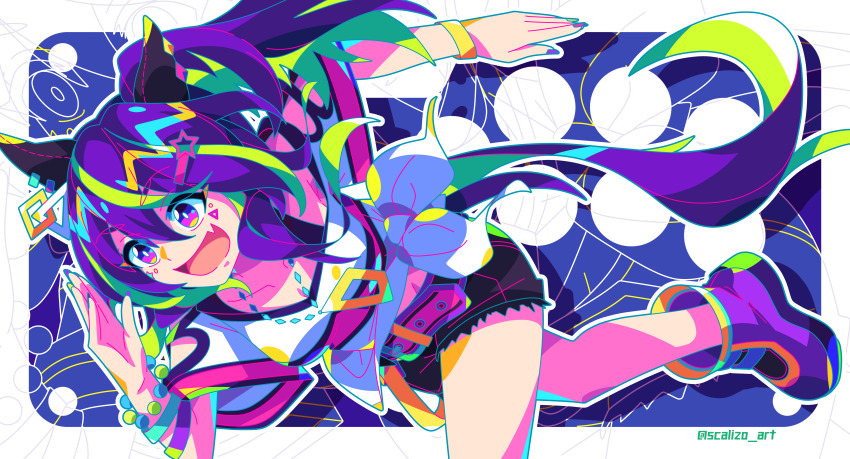 1girl absurdres animal_ears arcade_stick_template bead_bracelet beads belt black_shorts blonde_hair boots bracelet colored_inner_hair commentary_request cutoffs daitaku_helios_(umamusume) ear_covers ear_piercing facial_tattoo fang gradient_eyes hair_between_eyes hair_ornament highres horse_ears horse_girl horse_tail inverted_colors jewelry multicolored_eyes multicolored_hair multicolored_nails nail_polish necklace open_mouth piercing running scalizo shorts side_ponytail skin_fang smile solo streaked_hair tail tattoo twitter_username umamusume