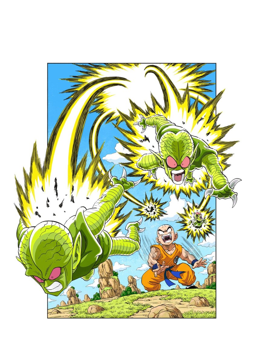 bald bald_male dragon_ball explosion highres ki_blast kuririn multiple_boys muscular muscular_male saibaman screaming toriyama_akira_(style)