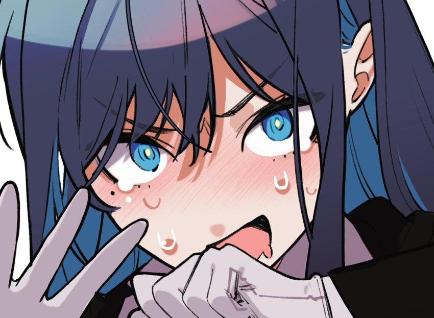1girl ado_(utaite) blue_eyes blue_hair blush chando_(ado) close-up colored_inner_hair commentary gloves hashtag-only_commentary long_hair mole mole_under_eye multicolored_hair nervous_sweating open_mouth riseno shirt sidelocks simple_background solo sweat utaite white_background white_gloves white_shirt