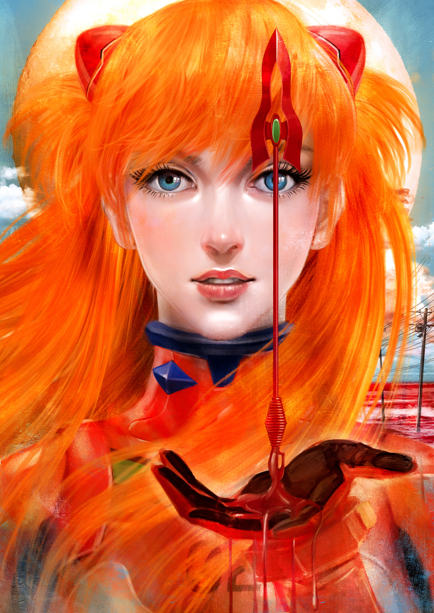 blood blue_eyes bodysuit gloves highres interface_headset_(evangelion) mecha_pilot_suit moon neon_genesis_evangelion orange_hair plugsuit_(evangelion) red_bodysuit red_gloves sengoku_gallery souryuu_asuka_langley spear_of_cassius utility_pole