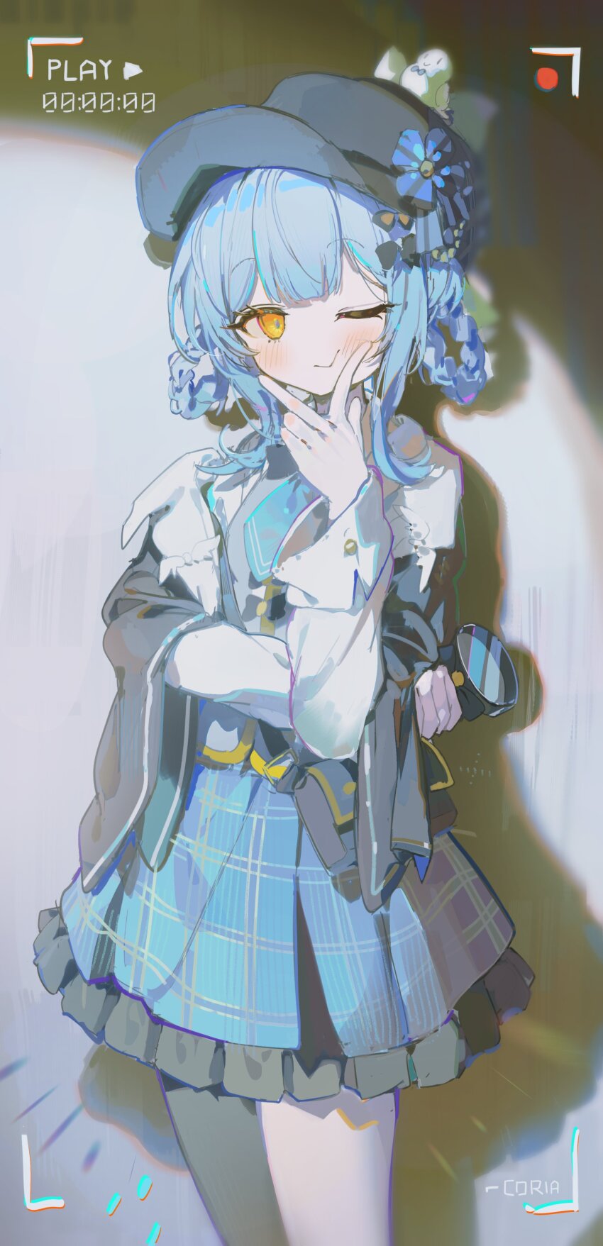 1girl absurdres asymmetrical_legwear bird_hat_ornament black_bag black_capelet black_pantyhose blue_necktie blue_skirt braid braided_hair_rings capelet coria cowboy_shot deerstalker detective frilled_skirt frills gloves hair_rings hand_on_own_cheek hand_on_own_face hashtag-only_commentary hat highres holding holding_magnifying_glass looking_at_viewer magical_girl magnifying_glass mahou_shoujo_no_majo_saiban necktie one_eye_closed orange_eyes pantyhose plaid_clothes plaid_skirt recording shirt simple_background skirt solo tachibana_sherry v viewfinder white_gloves white_pantyhose white_shirt
