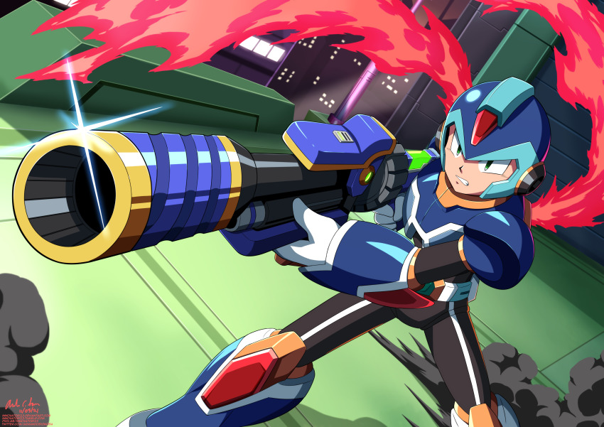 1boy absurdres aiming android armor blue_armor building clenched_teeth commentary dated deviantart_username energy_cape english_commentary green_eyes gun helmet highres holding holding_gun holding_weapon innovator123 legs_apart looking_afar male_focus mega_man_(series) mega_man_x:_command_mission mega_man_x_(series) mega_man_x_dive outdoors pixiv_id robot signature smoke solo sparkle standing teeth tumblr_username twitter_username weapon x_(mega_man)