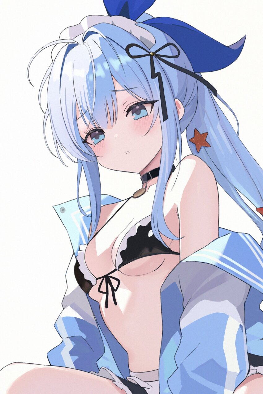 1girl absurdres ahoge anchor_(innocent_maid)_(nikke) anchor_(nikke) bare_shoulders bikini black_bikini black_choker black_skirt blue_jacket breasts choker frilled_bikini frills front-tie_bikini_top front-tie_top frown goddess_of_victory:_nikke hair_ribbon highres jacket long_hair looking_ahead maid_headdress miniskirt no_navel off_shoulder official_alternate_costume open_clothes open_jacket parted_lips ponytail ribbon simple_background skirt small_breasts solo string_bikini swimsuit szkure. white_background