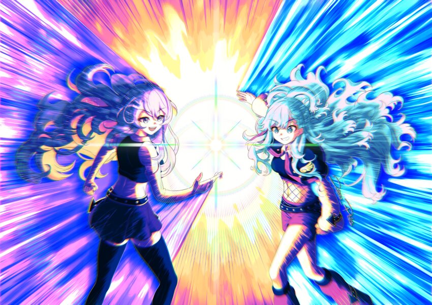 absurdres belt black_thighhighs blue_eyes blue_hair fingerless_gloves fishnets gloves highres hololive hololive_indonesia kobo_kanaeru leg_warmers long_hair midriff moona_hoshinova multicolored_eyes multicolored_hair open_mouth purple_eyes purple_hair scene_reference shorts skirt smile thighhighs twitter_username virtual_youtuber white_hair zoru_pines