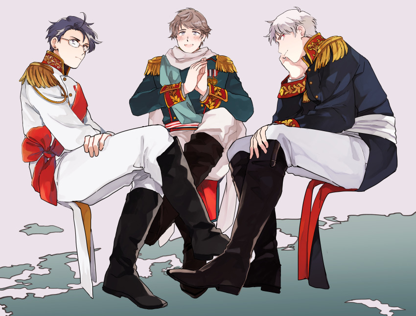 3boys absurdres ahoge austria_(hetalia) axis_powers_hetalia black-framed_eyewear black_boots black_hair black_jacket blue_jacket blue_sash boots bow brown_hair buttons chair closed_mouth commentary_request epaulettes glasses goro_nyanko grey_background grey_hair hand_on_own_face hand_on_own_knee hands_up highres jacket long_sleeves looking_at_viewer mandarin_collar medal military_jacket military_uniform multiple_boys on_chair open_mouth pants prussia_(hetalia) purple_eyes red_bow red_eyes red_sash russia_(hetalia) sash scarf short_hair simple_background sitting smile white_jacket white_pants white_sash white_scarf