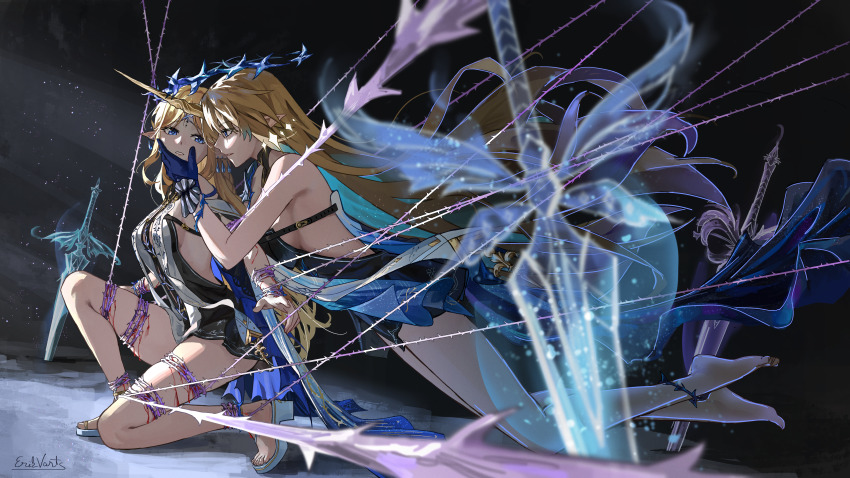 2girls absurdres bare_shoulders barefoot black_dress blonde_hair blood blue_eyes blue_hair breasts cartethyia_(wuthering_waves) colored_inner_hair commentary crown_of_thorns dress dual_persona earrings english_commentary erikvarts fleurdelys_(wuthering_waves) from_side full_body hand_on_another&#039;s_face highres jewelry large_breasts long_hair looking_at_another medium_breasts multicolored_hair multiple_girls parted_lips planted planted_sword planted_weapon pointy_ears restrained sandals sword tabard tacet_mark_(wuthering_waves) thighs very_long_hair weapon white_sandals white_tabard wuthering_waves