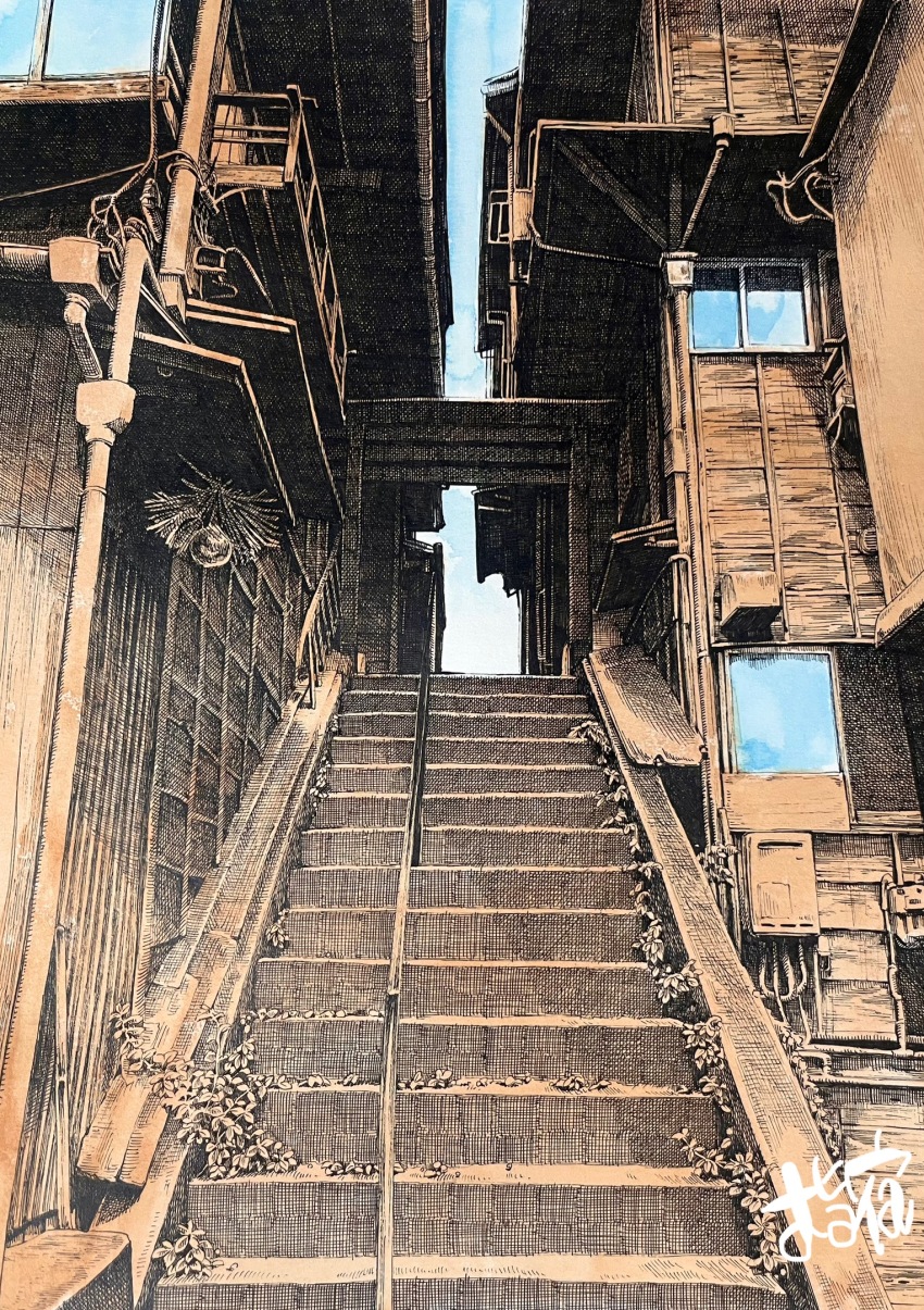 building commentary crosshatching day drainpipe hatching_(texture) highres ibsukionsen no_humans original outdoors plant scenery stairs traditional_media window