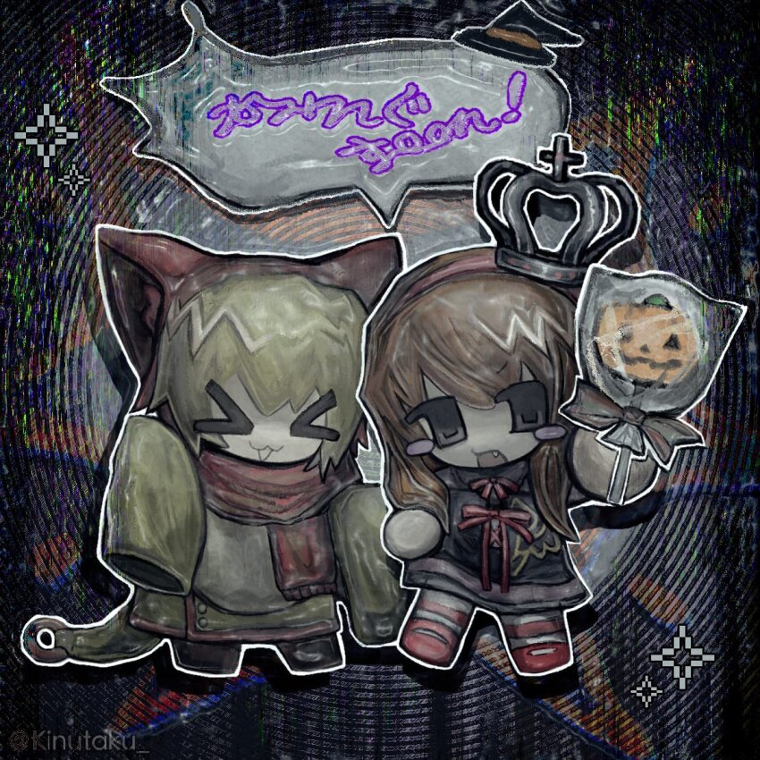 &gt;_&lt; 1boy 1girl 2girls :3 abstract_background animal_ears black_dress blonde_hair blush_stickers brown_hair candy chibi chibi_only closed_eyes crown dress fang food grey_crown grey_eyes highres holding holding_candy holding_food holding_lollipop jack-o&#039;-lantern_print kinutaku lollipop long_sleeves multiple_girls open_mouth outline red_footwear red_hair red_scarf sakutarou_(umineko) scarf shirt smile speech_bubble umineko_no_naku_koro_ni ushiromiya_maria white_outline yellow_shirt