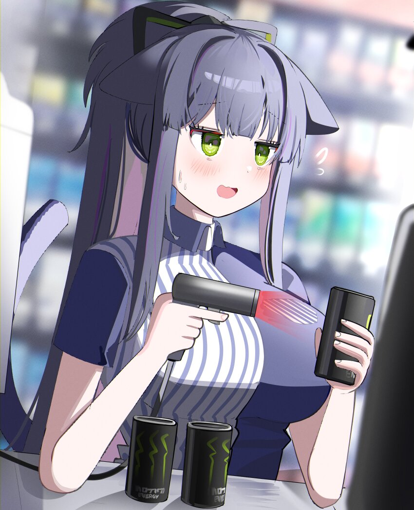 1girl absurdres animal_ears arknights barcode_scanner blurry blurry_background blush breasts bright_pupils can cashier clumsy collared_shirt drink drink_can flying_sweatdrops green_eyes highres holding holding_barcode_scanner holding_can holding_drink jessica_(arknights) large_breasts lawson long_hair monster_energy multicolored_hair nervous open_mouth pink_hair product_placement purple_hair purple_shirt shirt short_sleeves solo spam_(spamham4506) streaked_hair sweatdrop tail tail_raised upper_body wavy_mouth white_pupils