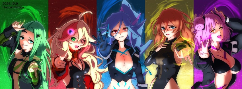 black_jacket blonde_hair blue_eyes blue_hair breasts brown_eyes brown_hair claw_ring cleavage colored_sclera double_bun green_eyes green_hair hair_behind_ear hair_between_eyes hair_bun hair_ornament hazuki_shouta heart heart_hair_ornament heterochromia horns jacket long_hair looking_at_viewer macross macross_delta macross_delta:_zettai_live!!!!!! multicolored_hair multiple_girls off_shoulder open_clothes open_mouth pink_hair pointy_ears ponytail purple_hair red_eyes red_hair red_sclera short_hair single_horn smile streaked_hair upper_body very_long_hair yami_freyja yami_kaname yami_makina yami_q_ray yami_reina yamikumo
